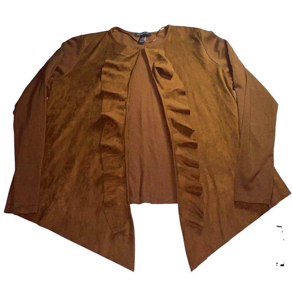 INC International Concepts Mod World Brown Knit Open Front Ruffle Jacket 1X